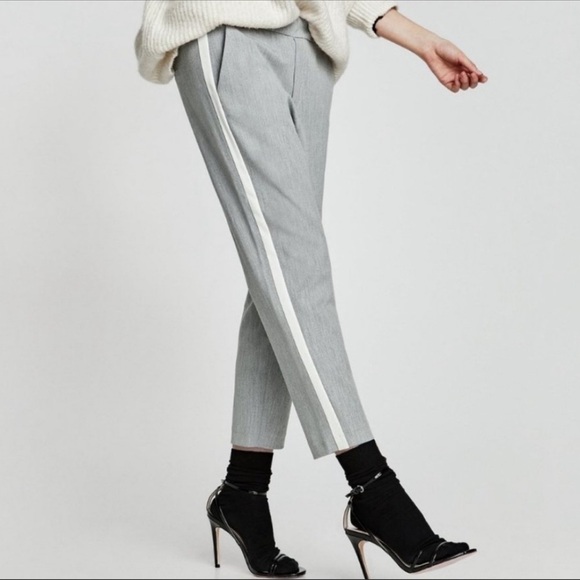 ZARA light gray Chino Trousers With white Side Stripe tuxedo dress pants Sz S - Picture 2 of 11